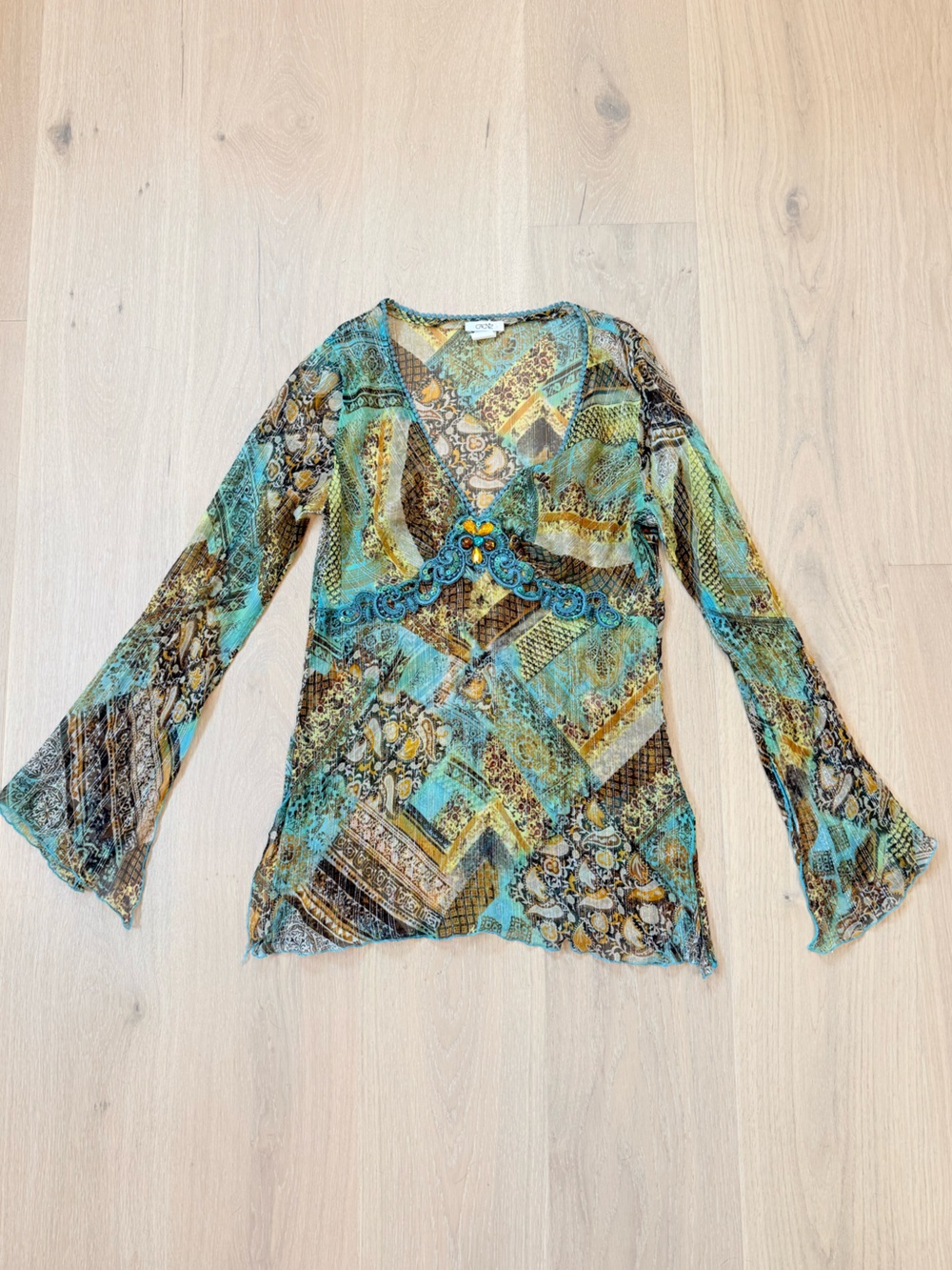 Vintage Y2K Caché Sheer Mesh Bell Sleeve Beaded Whimsigoth Fairy Top M